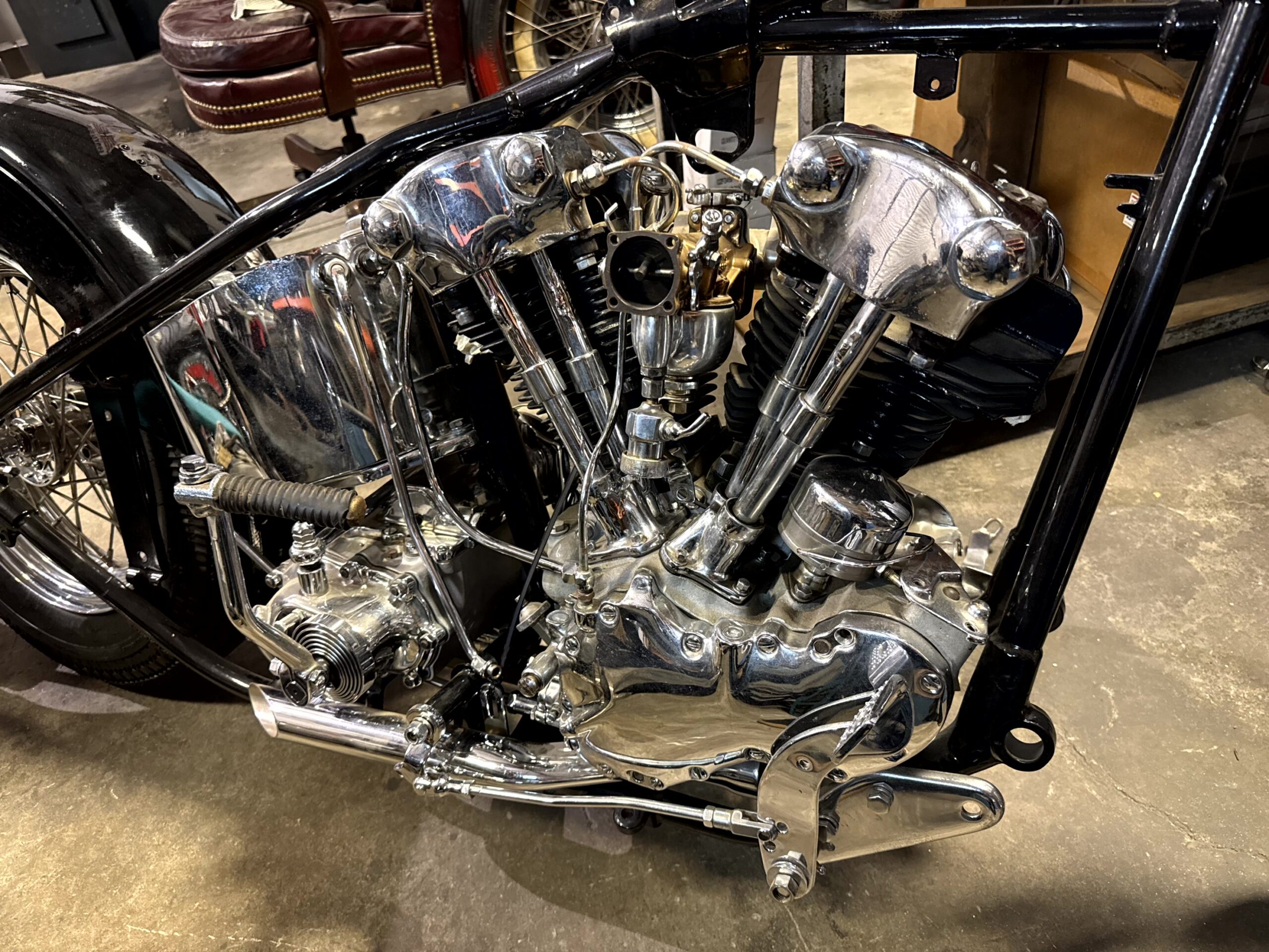 Handbuilt chopper motorcycle in workshop